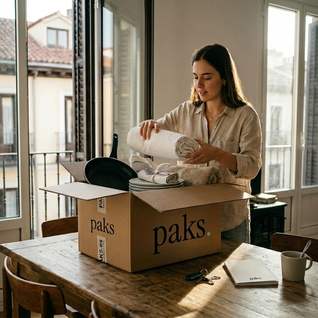 A student unpacking a Complete PAKS arrival kit in her new flat in Madrid